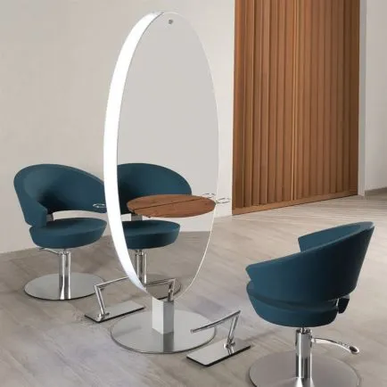 Salon Ambience Mercury Central Oval Mirror Rounded Wooden Shelf