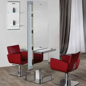 Salon Ambience Lunar Island Unit, Rectangular Aluminium Shelves & Mirror Standard